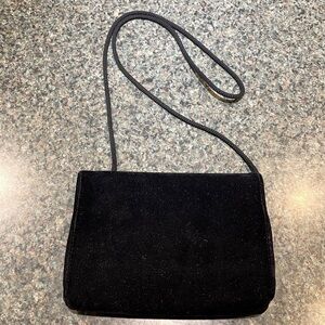 Vintage black velvet purse with rope strap and gold hinges